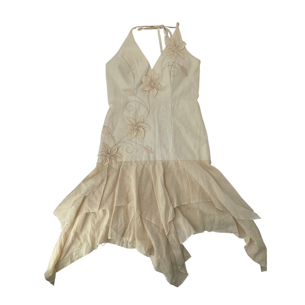 Unbranded Halter Dress Small Cream Good 3D Floral Handkerchief Hem Boho